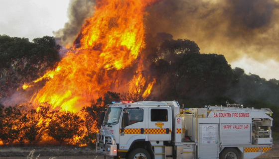 Bushfire in Happy Valley, South Australia with Country Fire Service truck in attendance