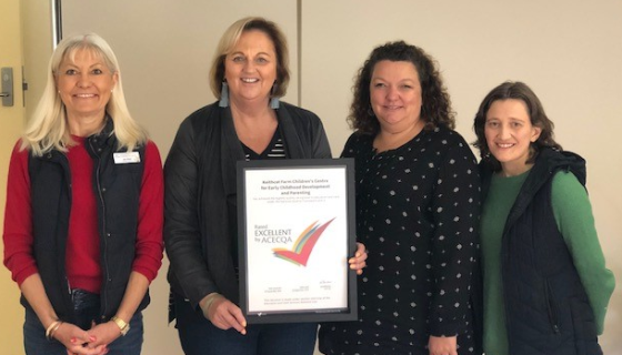 Keithcot Farm Children&#039;s Centre staff with their &#039;Excellent&#039; award: Jen Reid (Assistant Director), Anne Whittleston (Director: Education and Care),  Laura Francis (Community Development Coordinator), Sarah Harry (Occupational Therapist)